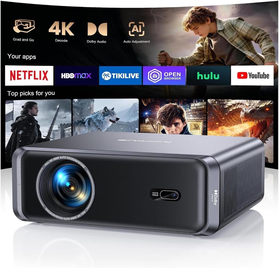 Vidéoprojecteur 4K【Dolby/APPS Officielles】 36000LM Vidéoprojecteur 4K Auto Focus/Keystone FHD 1080P, HDR10, Projecteur Vidéo Home Cinéma WiFi6 Bluetooth Zoom 50%