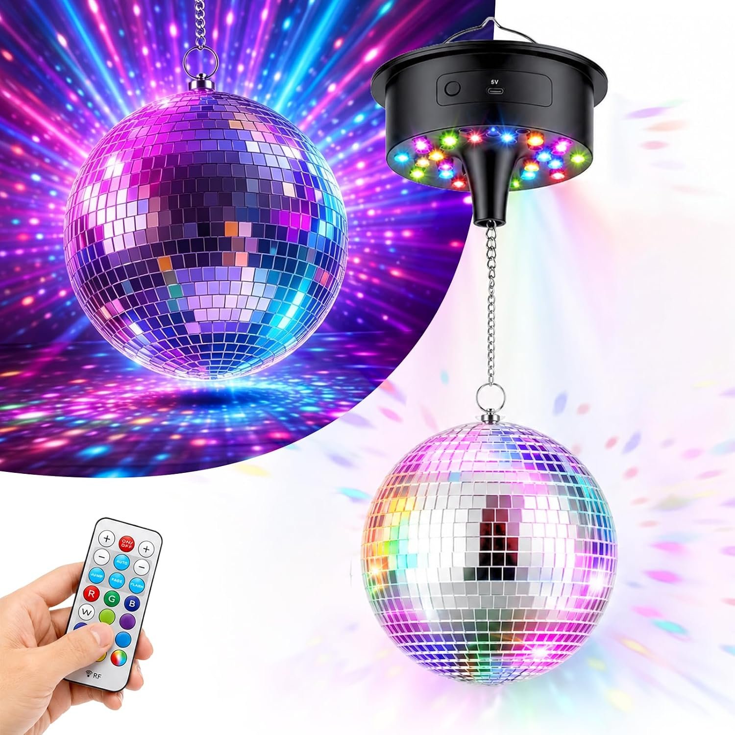 20CM Boule à Facettes avec 30 LED, Boule Disco Lumineuse Rotative, 6 tr/min
