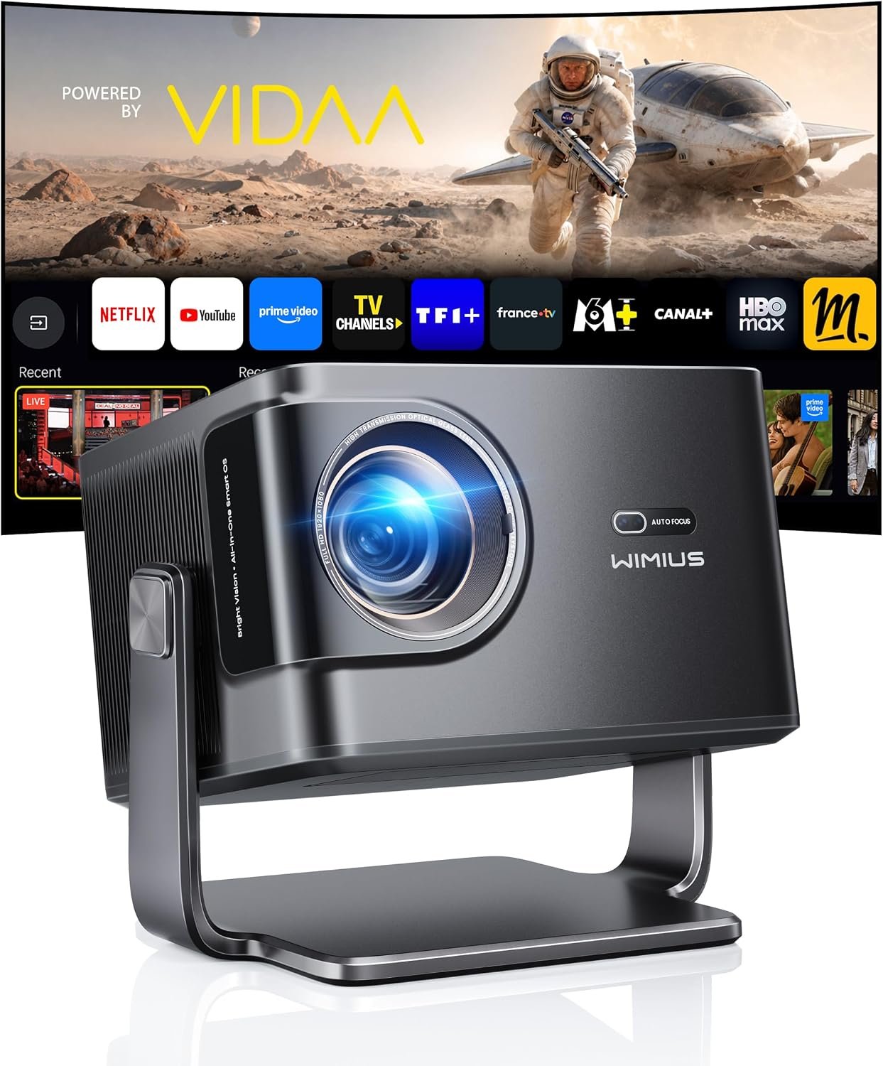 Vidéoprojecteur 4K【2500 ANSI/VIDDA OS/Dolby 56W】WiMiUS Vidéoprojecteur Home Cinéma 4K Auto Focus/Keystone Rotation 225°,Contrôle Vocal