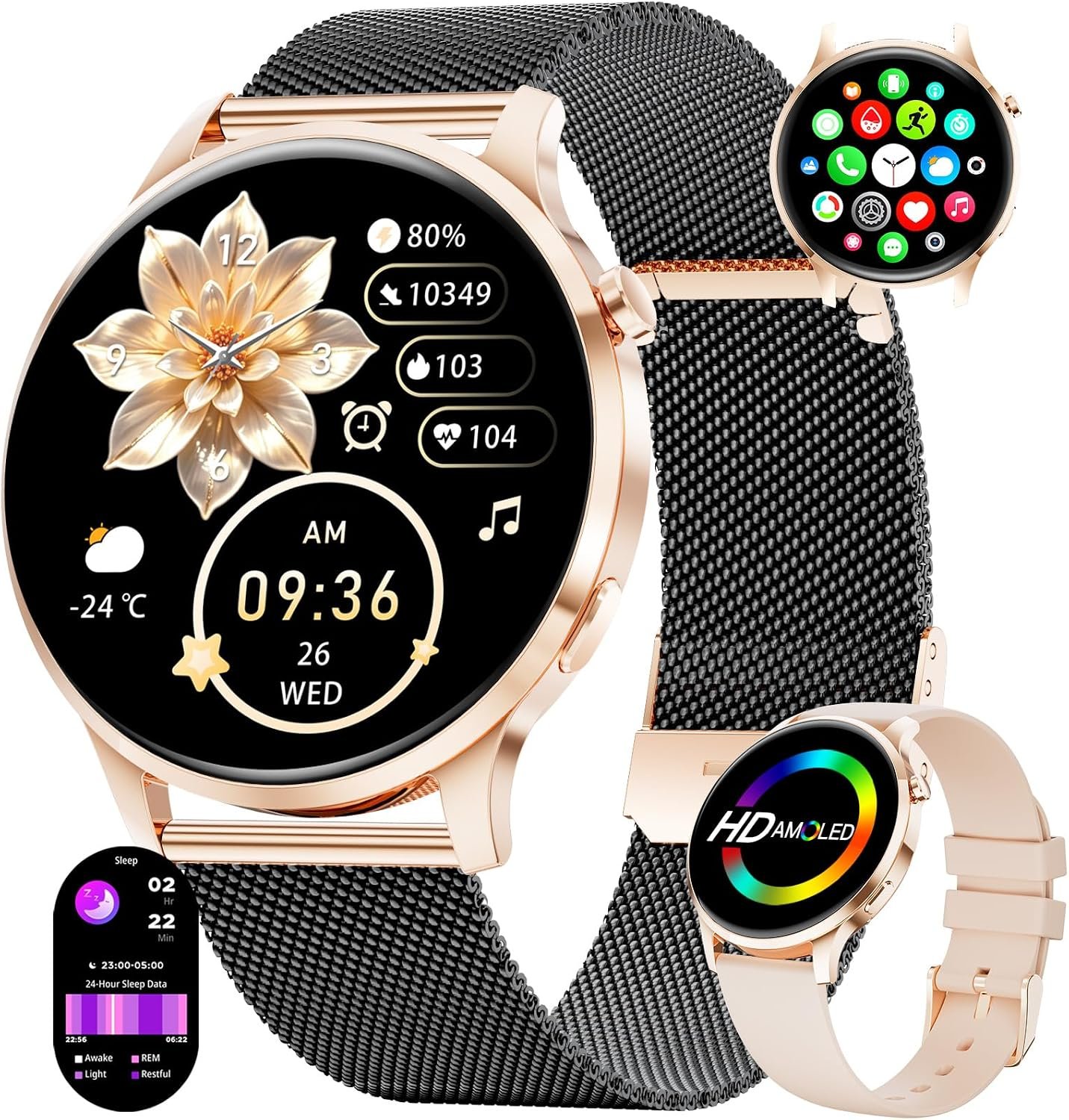 Montre Connectée Femme Ronde, Smartwatch Femme Ultrafin 7,99 mm 1,32" Écran Clair Appel Bluetooth