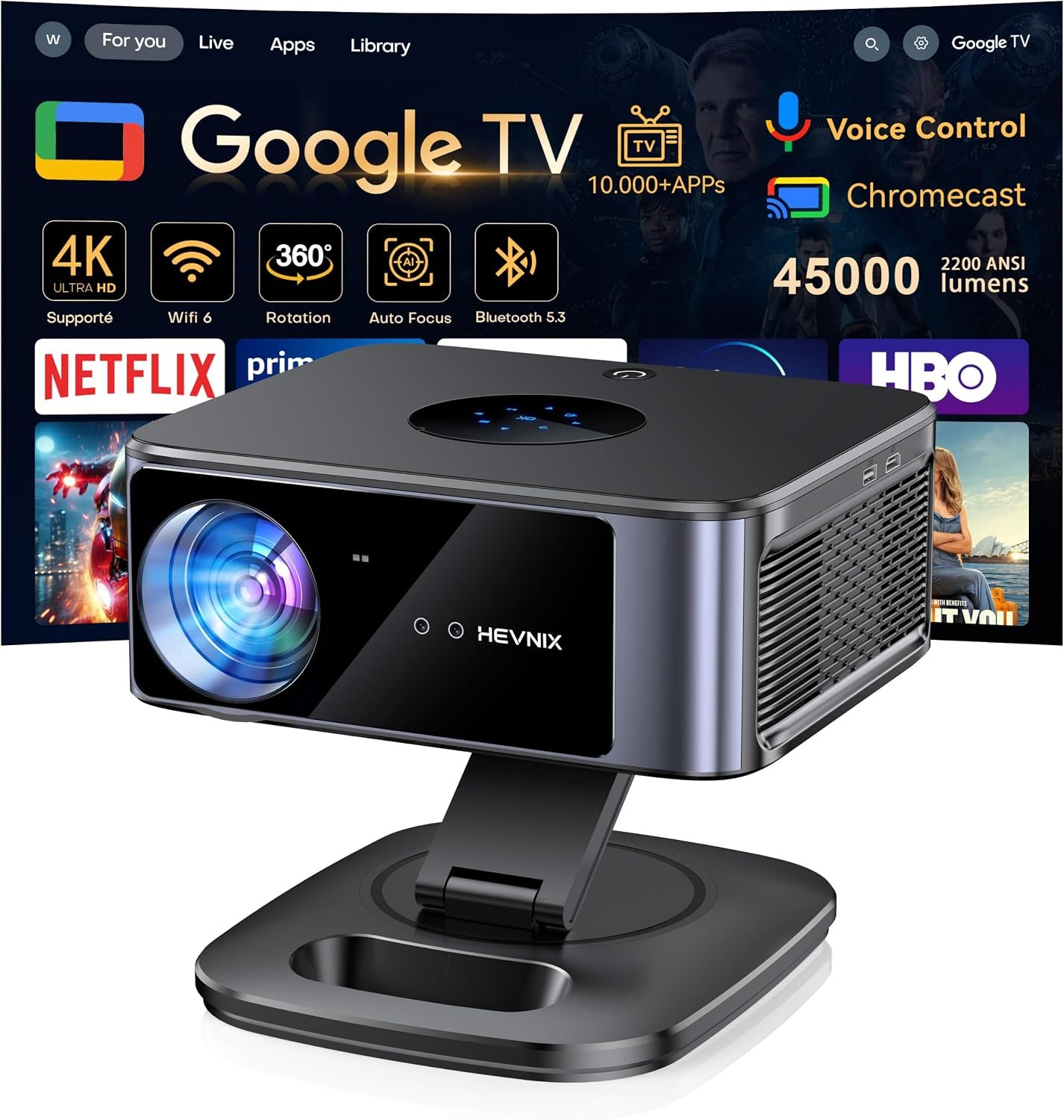 Google TV Videoprojecteur 4K 2200 ANSI, 2+32G ROM Retroprojecteur