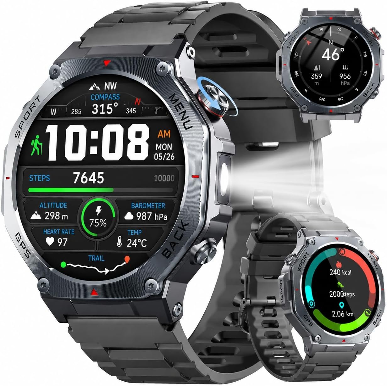 Montre Connectée Homme, 1.43"AMOLED Militaire Smartwatch Torche LED