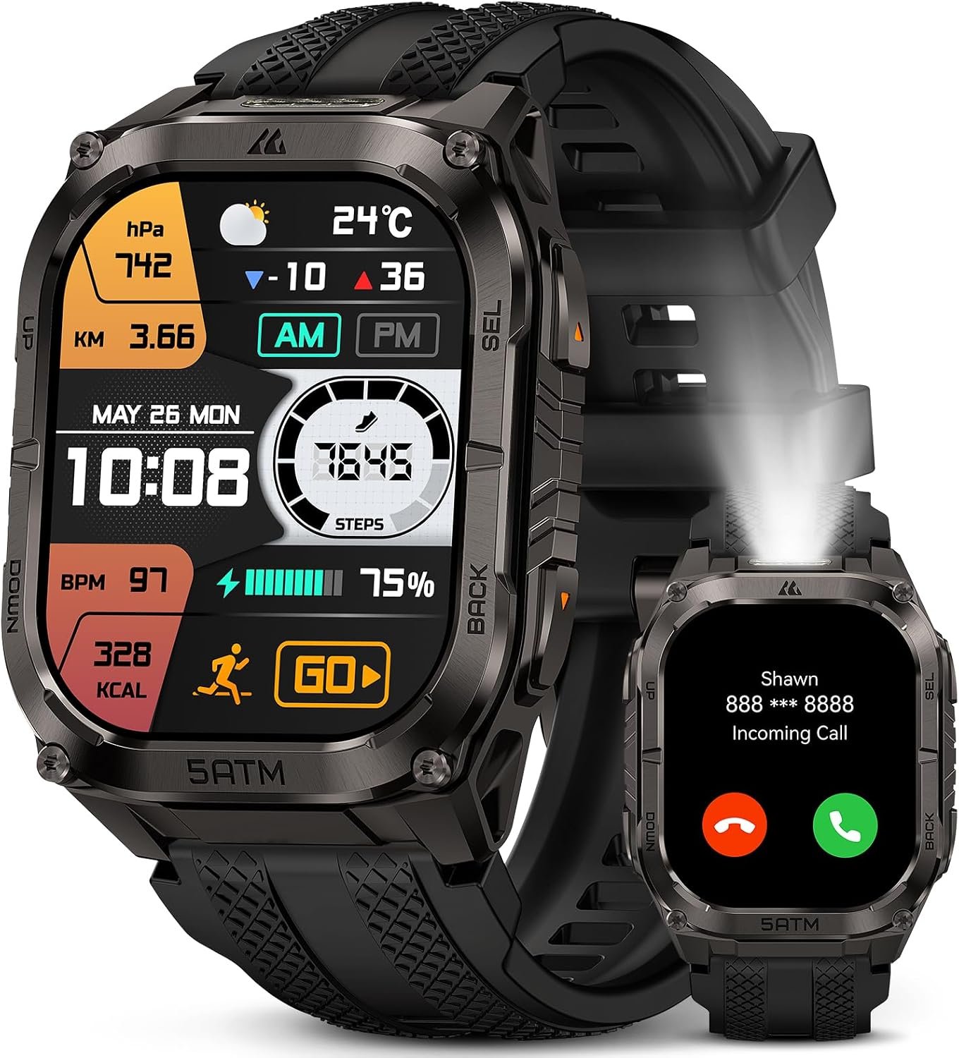 Montre Connectée Homme GPS, Lampe Torche LED, 1.96''