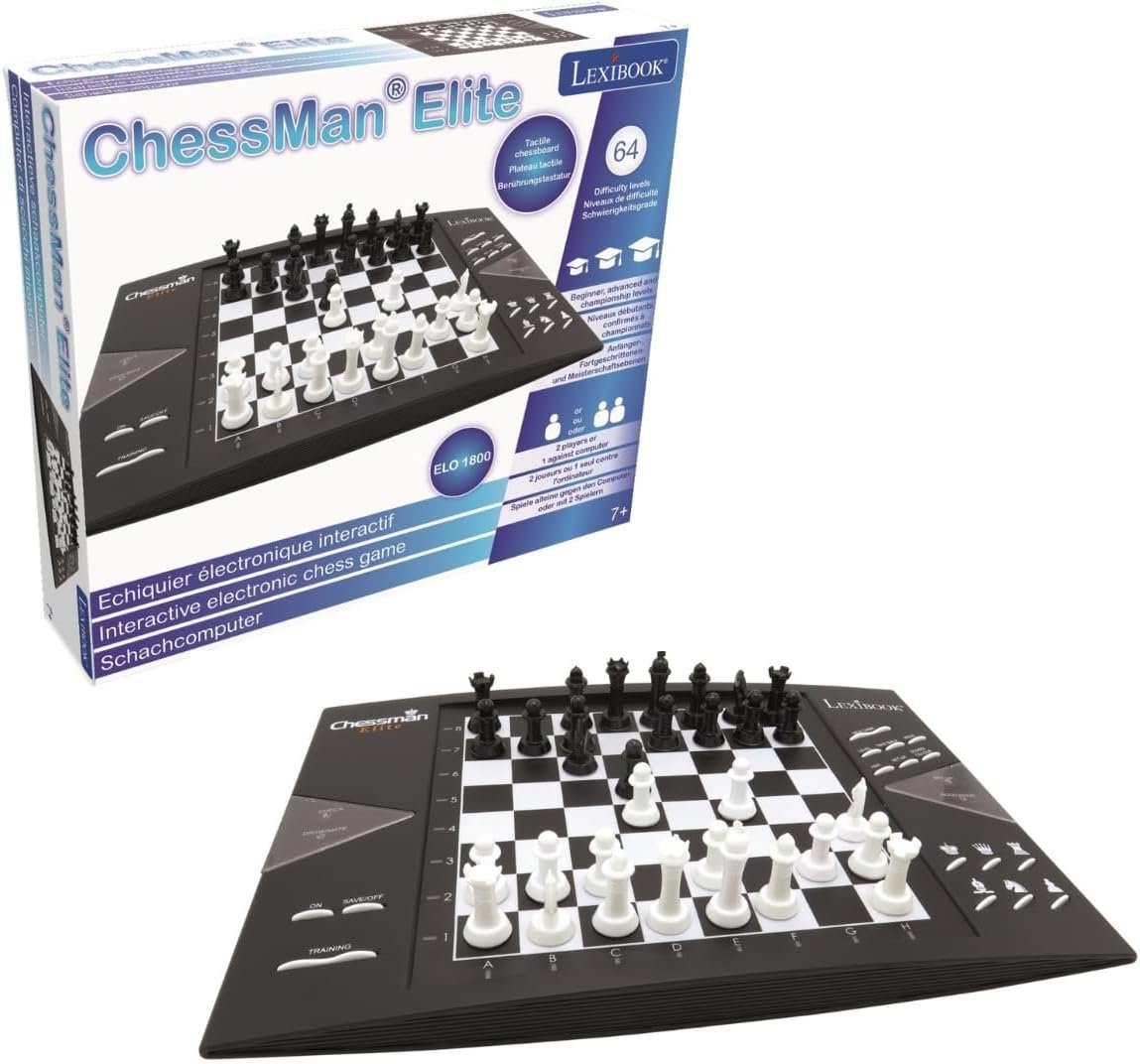 Lexibook Chessman® Elite Echiquier Electronique Interactif, 64 Niveaux de difficulté, diodes Lumineuses, à Piles ou Adaptateur 9V, Noir/Blanc, CG1300
