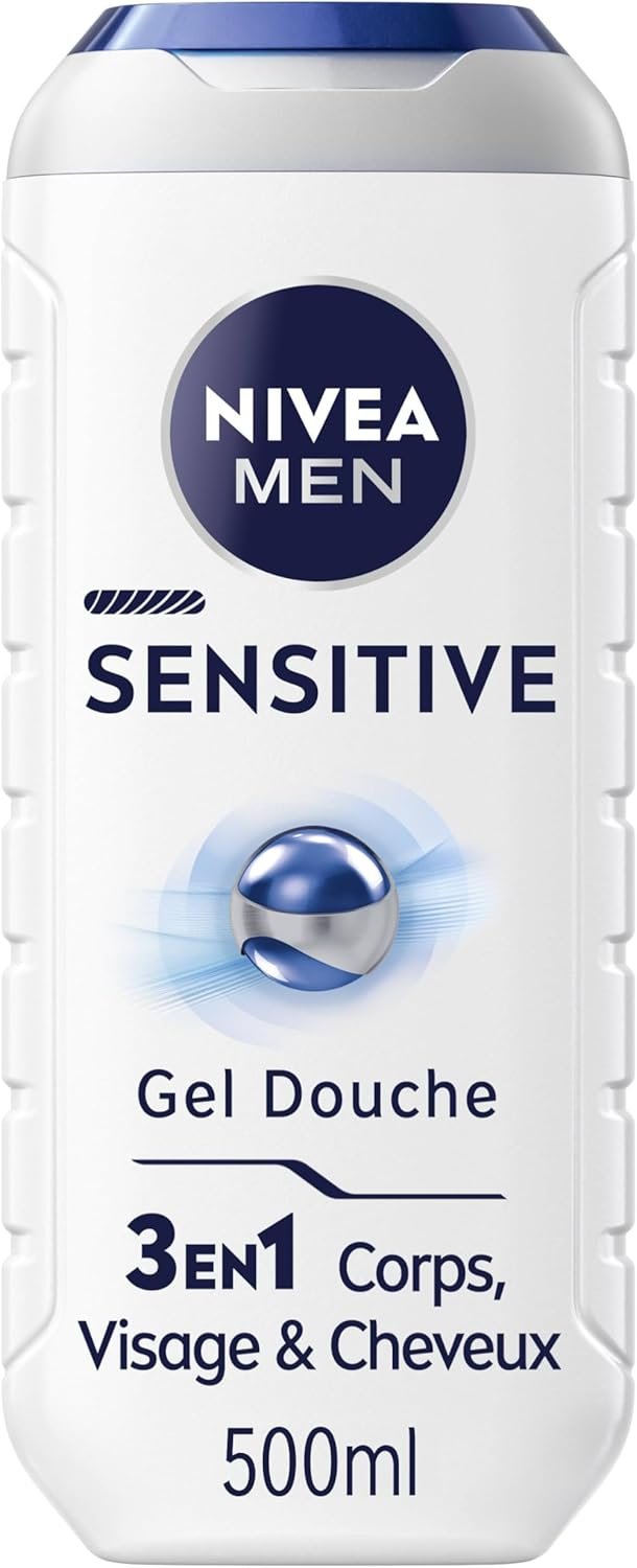 NIVEA MEN Gel Douche Sensitive effet 3 en 1 (1 x 500 ml), gel douche homme pour peau sensible, nettoyant doux pour corps, cheveux et visage, soin lavant à l'extrait de bambou