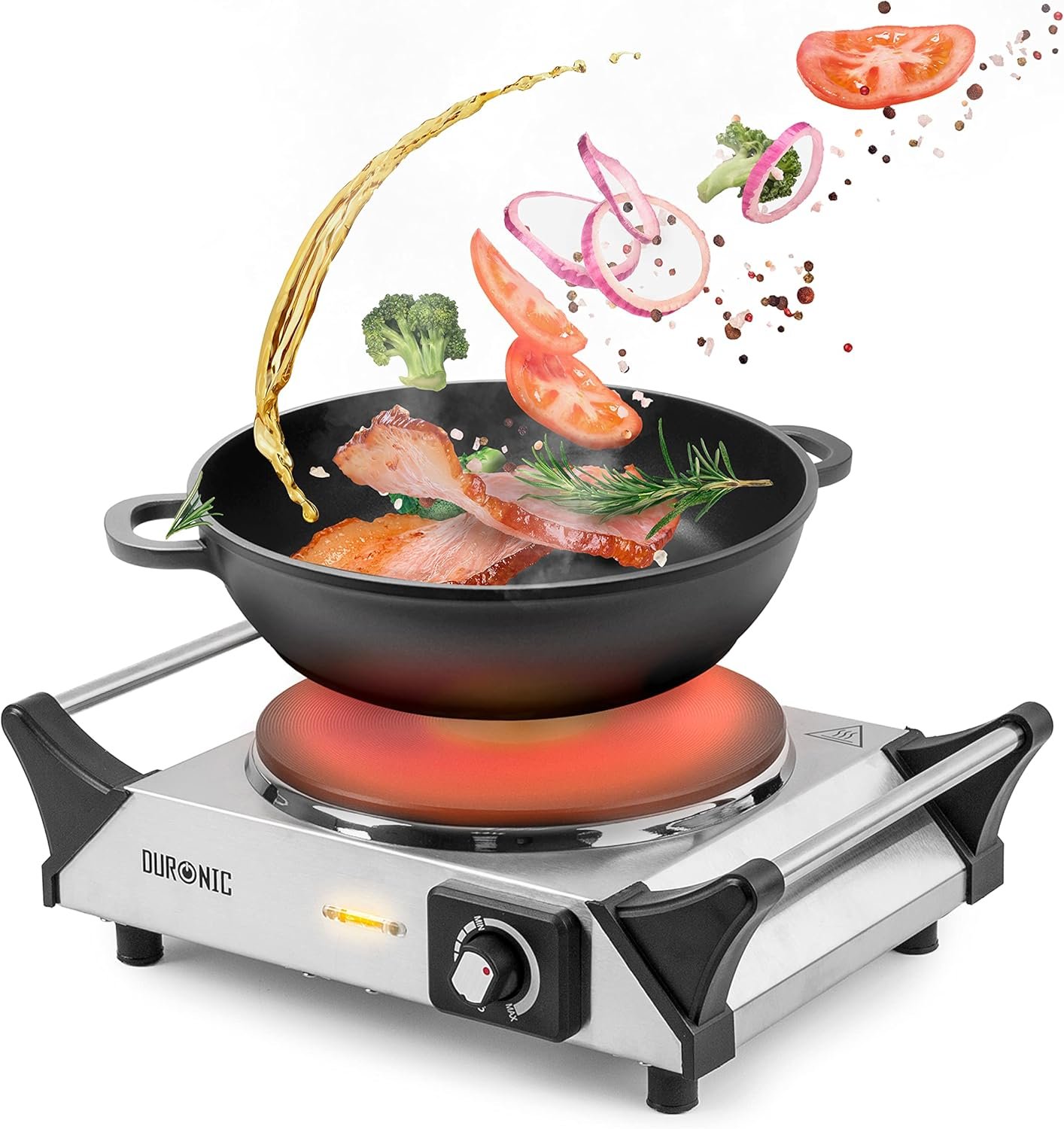 HP1 SS Plaque de cuisson chauffante électrique 1500W | Foyer en fonte de 20 cm | Poignées ergonomiques | Compacte et mobile | Thermostat réglable | Réchaud alternatif à une table de cuisson