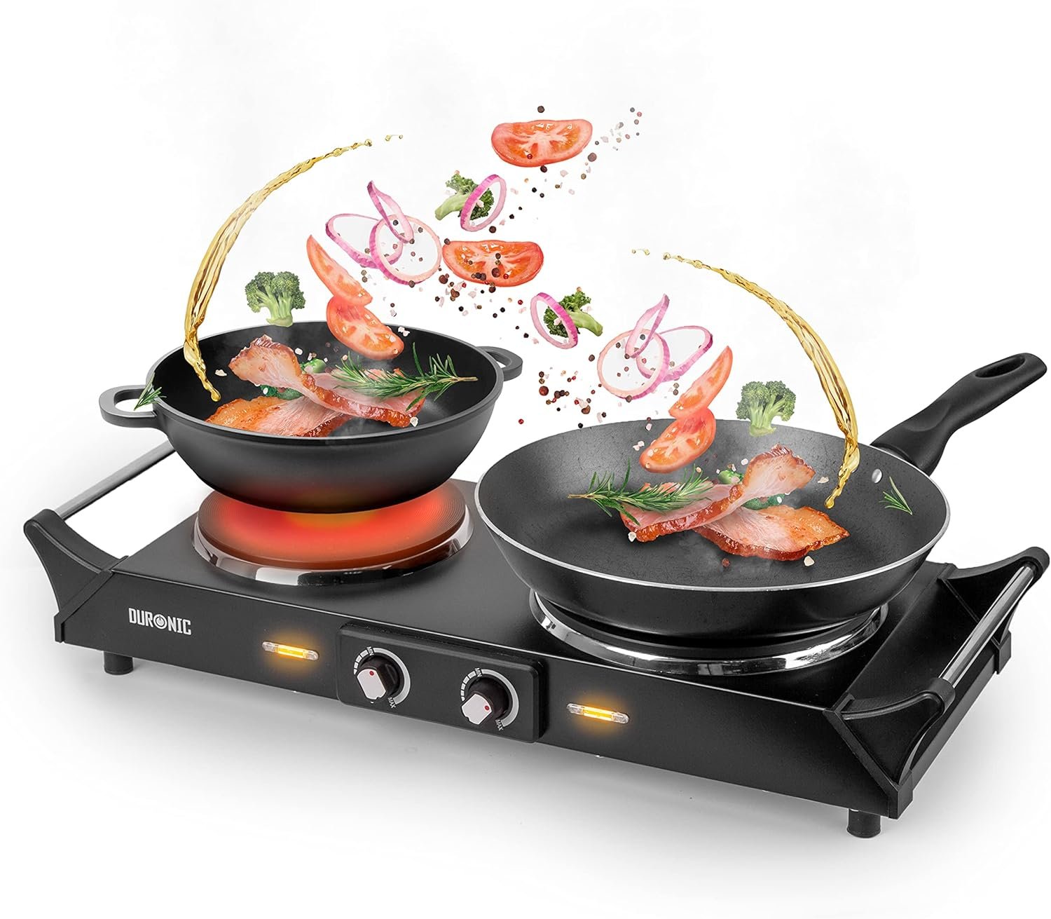 HP2 BK Plaque de cuisson chauffante électrique 1500W | Double Foyer en fonte de 20 et 15 cm | Poignées ergonomiques | Thermostat réglable | Réchaud mobile alternatif à une table de cuisson