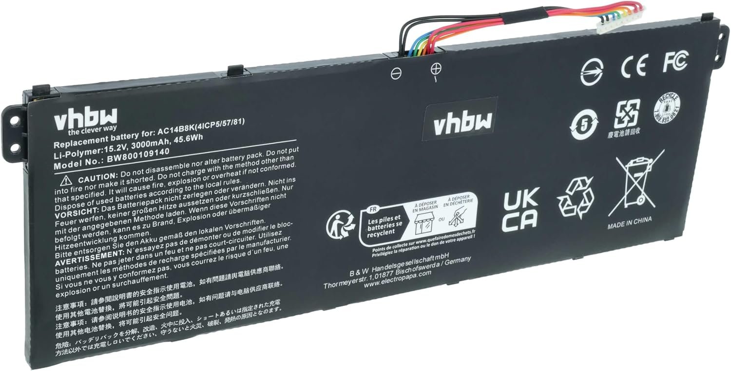 Batterie Compatible avec Acer Aspire E5-771 ES1-111M, E5-771G, E5-731, E5-731G, ES1-111 ordinateur portable (3000mAh, 15,2V, Li-polymère)