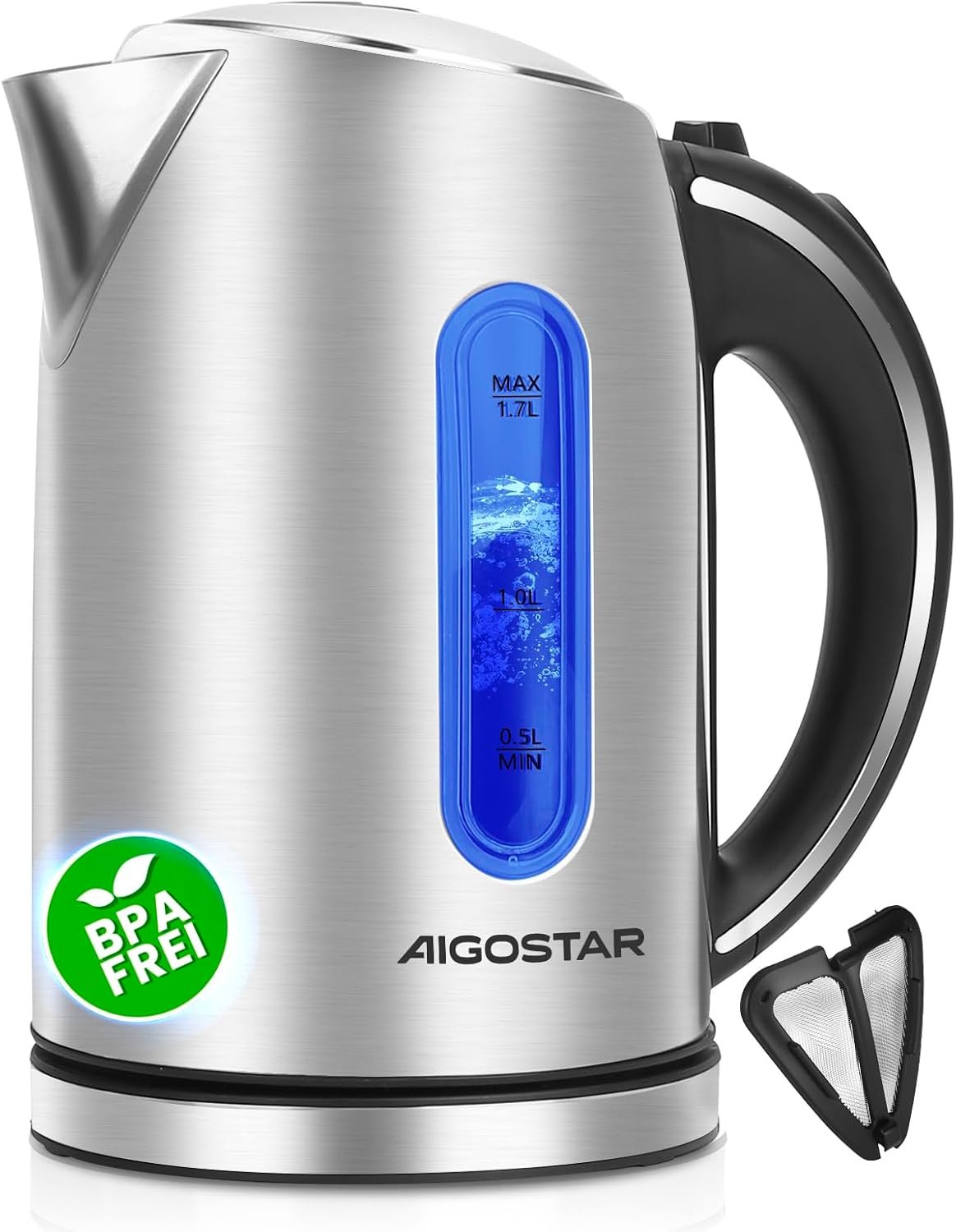Bouilloire Electrique Inox 1,7 litres - Ébullition Rapide Bouilloire électrique 2200W, Fenêtre de Visualisation Avec éclairage LED, Sans Fil, Sans BPA, Avec Filtre, Arrêt Automatique
