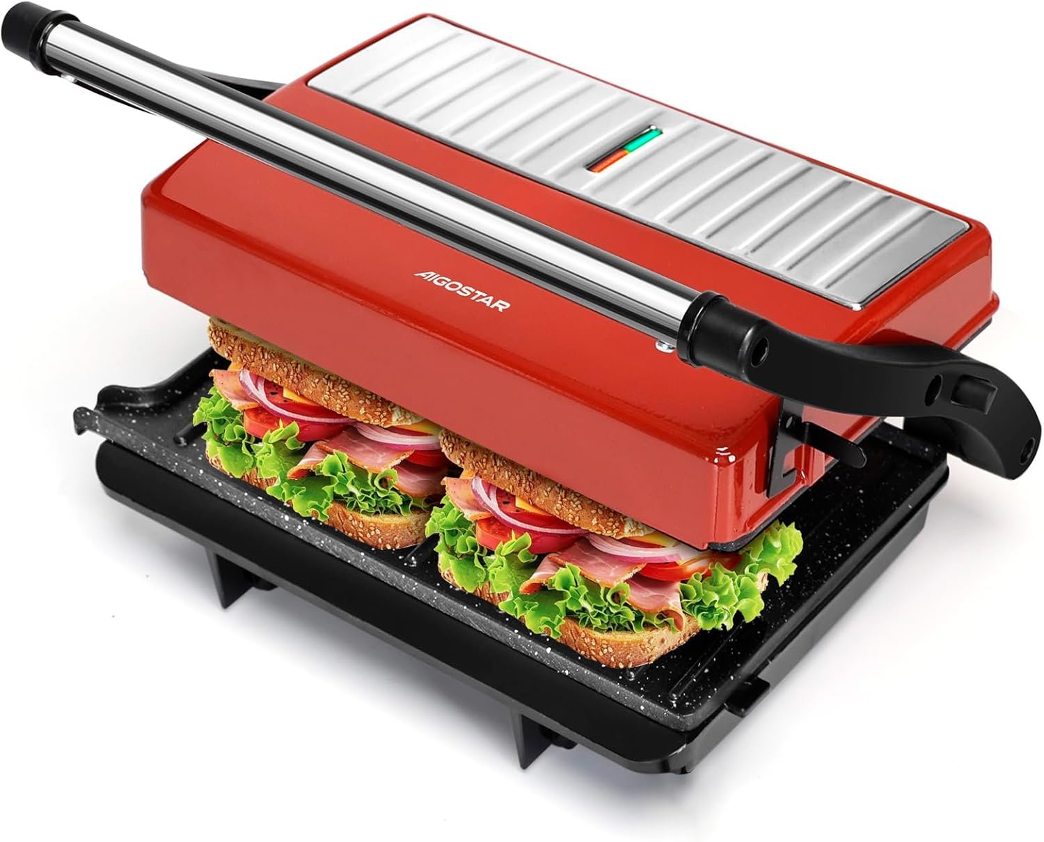 Machine à Panini 1000W, Design Compact, Appareil Panini avec Plaques Anti-adhésives 23 x 14,5 cm, Sans BPA, Ouverture 180°, Idéal pour Sandwiches, Viandes et Grillades, Warme