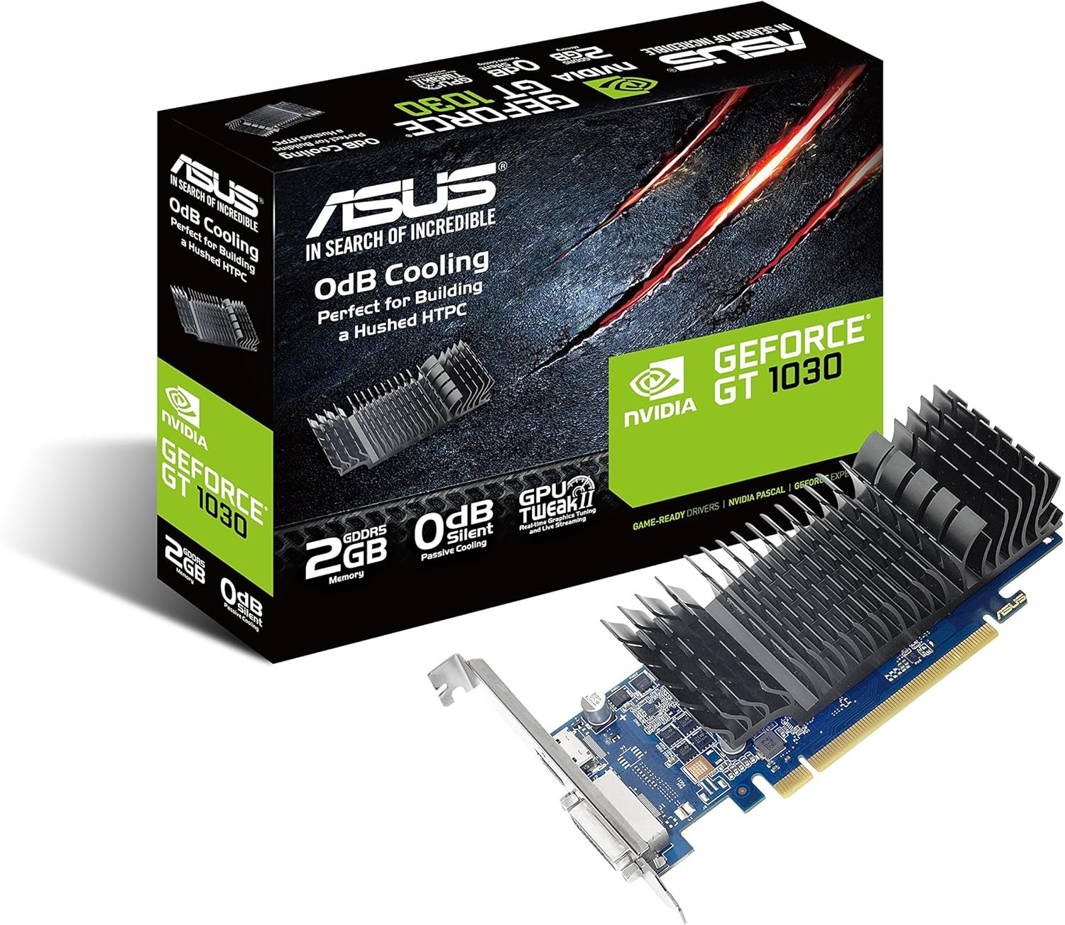 Carte graphique ASUS GeForce GT 1030 – 2 Go GDDR5, format Low Profile, conception compacte et silencieuse, avec supports de port d’E/S inclus, idéale pour les configurations HTPC