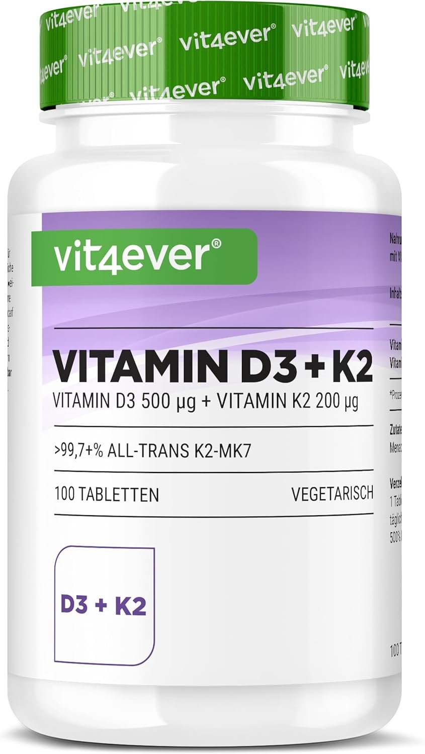 Vitamine D3 + K2 MK-7-180 Comprimés - 20.000 U.I. (500µg) Vitamine D3 & 200µg K2 par Comprimé - Matière Première Premium: 99,7+% All-Trans - Haute Pureté - Forte Dose - Végétarien