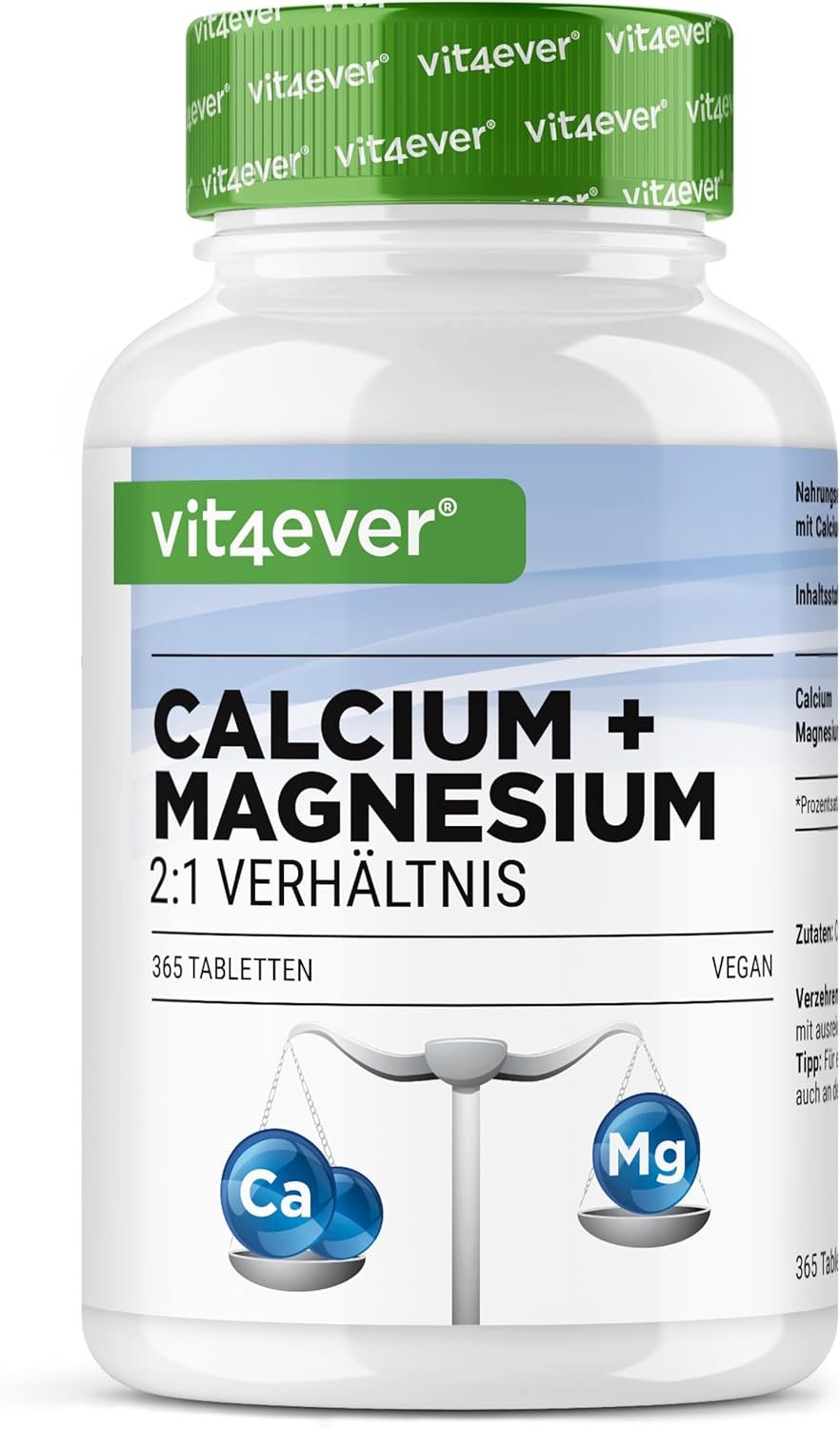 Calcium 800 mg + Magnésium 400 mg (2 comprimés) - 365 comprimés - 6 mois d'approvisionnement - Complexe de calcium + magnésium dans un rapport 2:1 - Végétalien - Fortement dosé