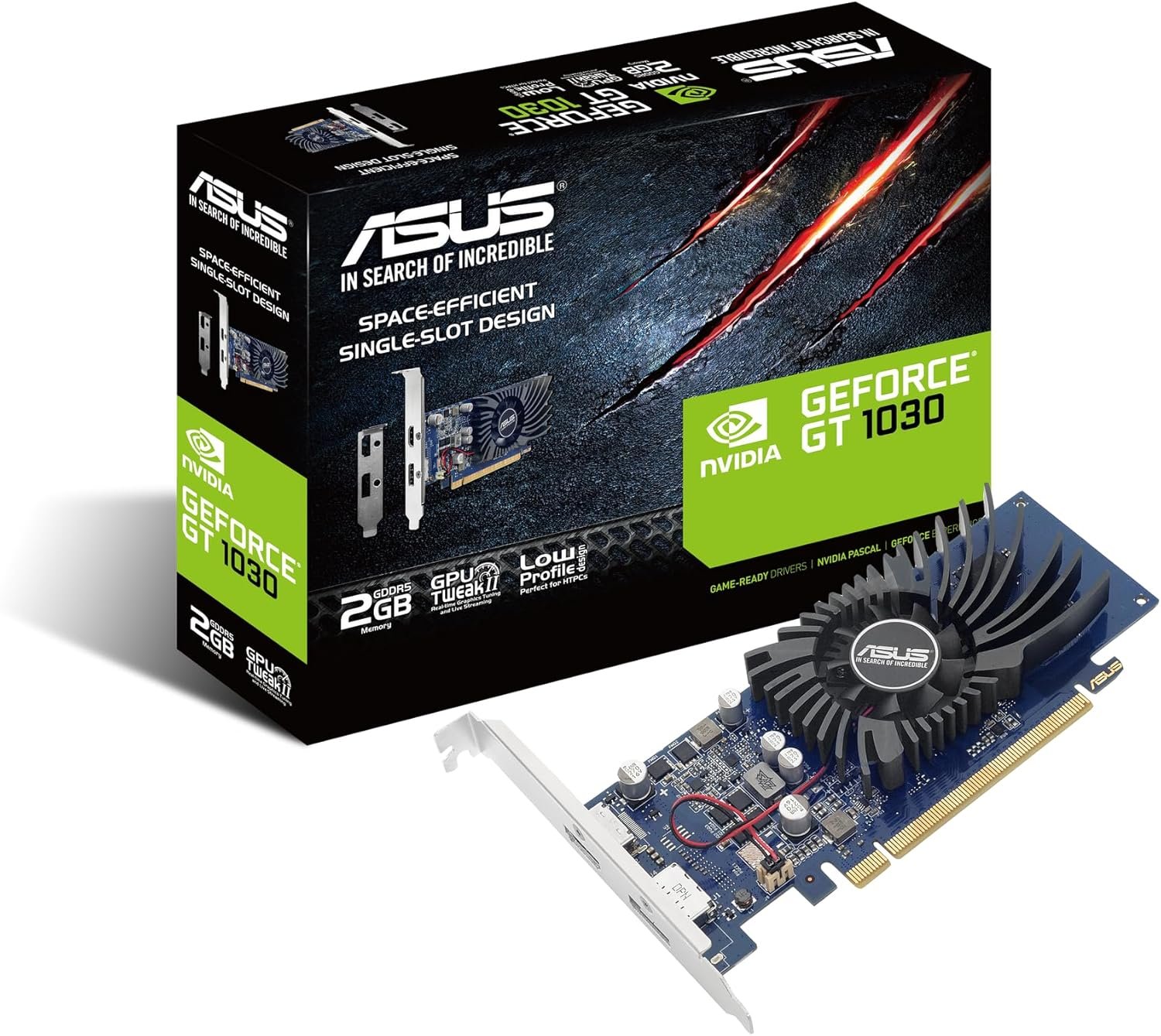 Carte graphique NVIDIA GeForce GT 1030 – 2 Go GDDR5, interface PCIe 3.0, sorties HDMI et DVI-D, support Low Profile inclus, refroidissement par ventilateur unique, design compact
