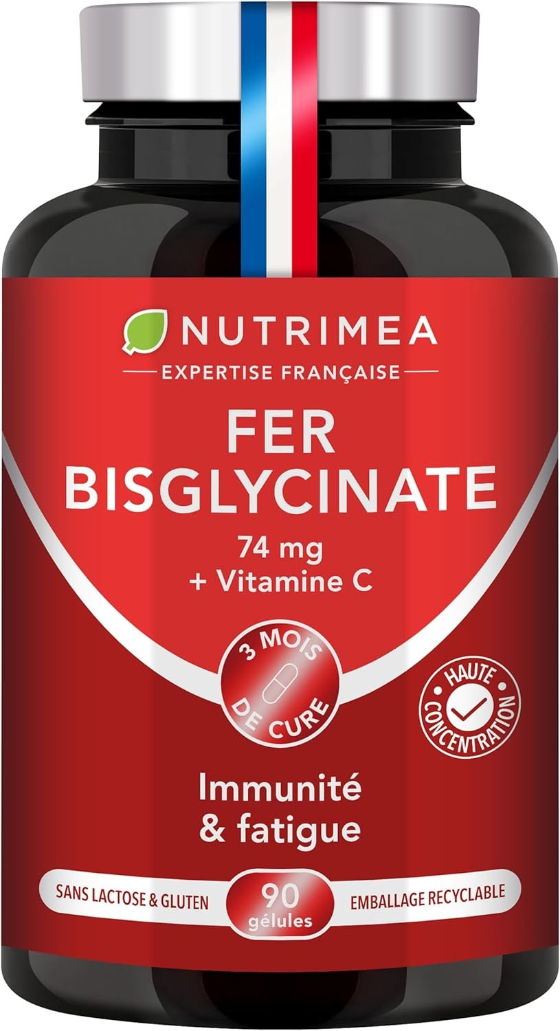 FER Bisglycinate + Vitamine C - 14 mg de Fer - Breveté Ferrochel® - Procure 100% des Besoins Journaliers - Absorption & Biodisponibilité Maximales 90 Gélules Vegan - Fabriqué en France