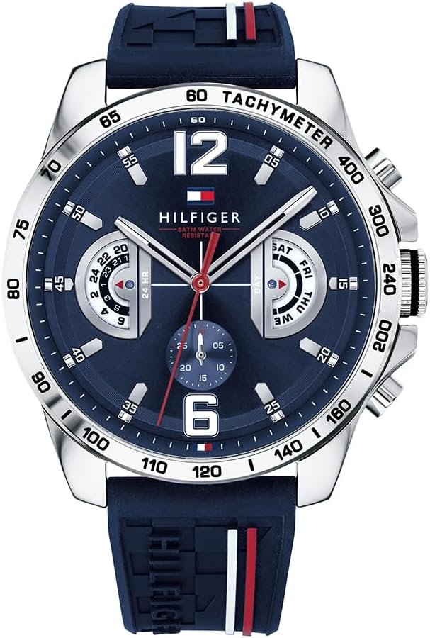 Tommy Hilfiger Montre Analogique Multifonction Quartz pour Hommes avec Bracelet en Silicone, en Acier Inoxydable ou en Cuir, sous-Cadrans pour Le Jour et la Date, Étanche jusqu'à 5ATM