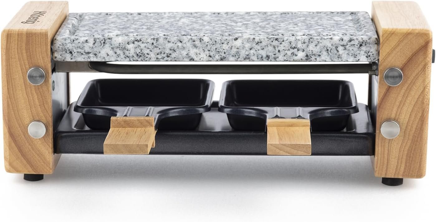 Appareil à raclette Duo Multifonction 2 personnes WOD2 Design en bois naturel, Pierre granit amovible, Raclette fromage fondue professionnel, 2 poêlons antiadhésifs, 2 spatules en bois