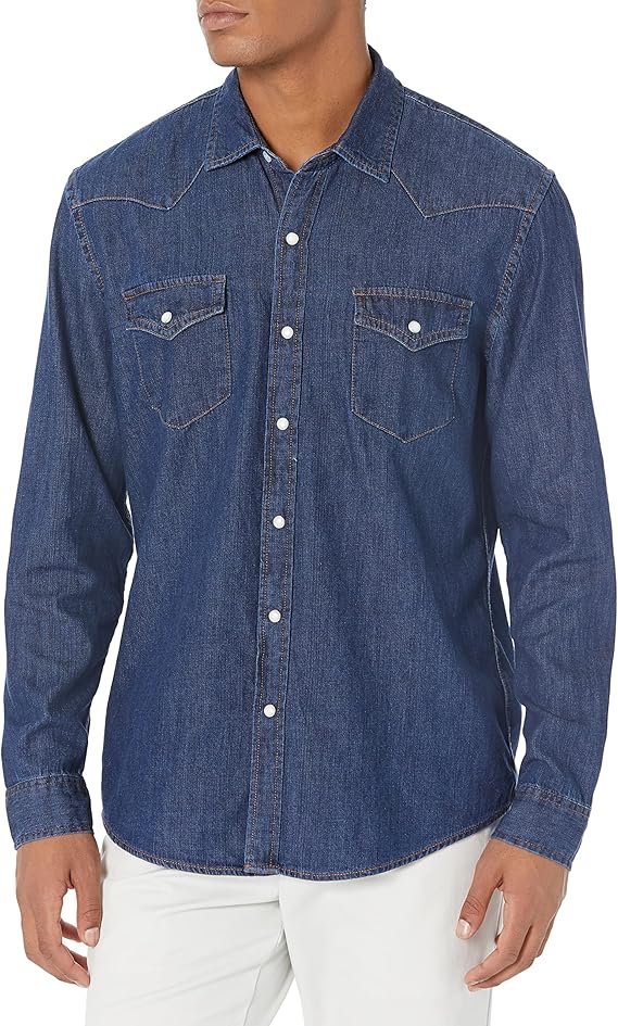 Chemise Homme en Jean à Manches Longues avec Boutons-Pression, Coupe Ajustée