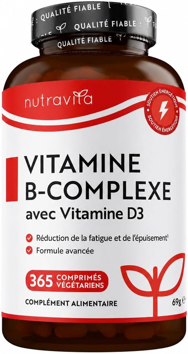 Vitamine B Complex Extra Fort avec Vitamine D - 365 Comprimés 1 an d'Approvisionnement - Sans Gluten - 8 Vitamines B actives - B1, B2, B3, B5, B6, B7 (Biotine) B9 (Acide Folique) B12