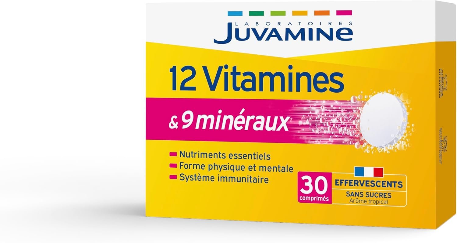 12 Vitamines & 9 Minéraux Effervescents - Fatigue, Stress, Métabolisme Énergétique, Immunité - 30 Comprimés Arôme Tropical - Fabriqué en France
