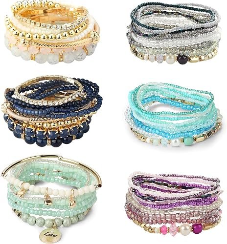 6 Ensembles Bohemian Bracelets empilables pour Femmes Stretch Style Stretch Multicouches Boho Bracelet Set