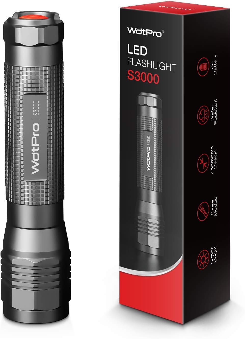WdtPro lampe de poche LED haute puissance S3000, lampes de poche super lumineuses - haute lumière, IP67 résistant à l'eau, 3 modes et zoomable pour le camping, urgence, randonnée, cadeau