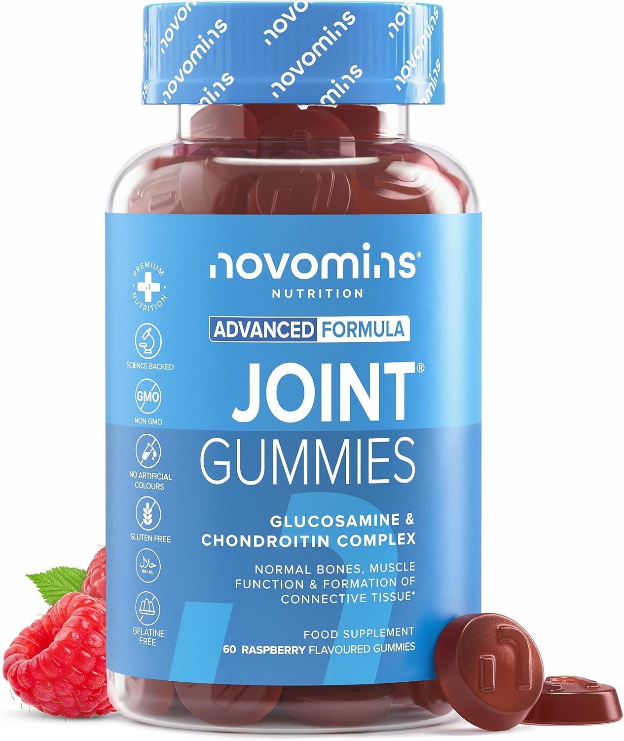 Glucosamine Chondroïtine Gummies - avec Curcuma, Vitamine C, Vitamine D, Manganèse - Complément Articulations & Os - Sans Gluten, Goût Framboise - 60 Gummies (30 Jours)