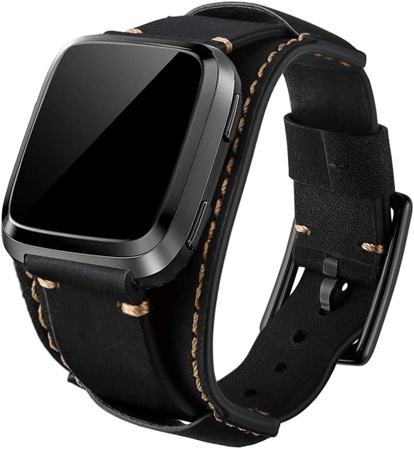 Bracelet de Rechange en Cuir véritable pour Montre connectée Fitbit Versa/Versa 2/Versa Lite/Versa édition spéciale Noir