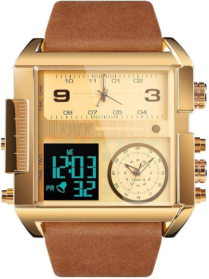 Gosasa Montre de sport numérique pour homme avec grand cadran carré et affichage LED analogique à quartz avec plusieurs fuseaux horaires et chronomètre étanche à 50 m