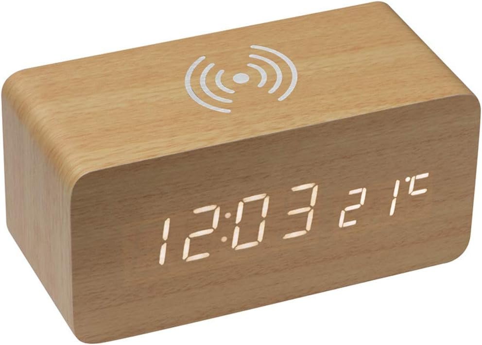 Holz Wecker mit Induktions Ladegerät Wireless Charger mit Thermometer, Ladestation für Smartphones