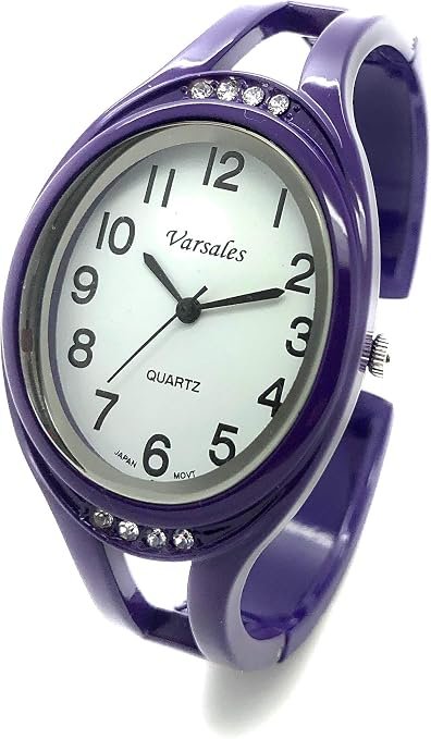 Montre à quartz analogique élégante en métal avec strass et chiffres noirs faciles à lire, aiguilles des heures, des minutes et des secondes, violet, Moderne