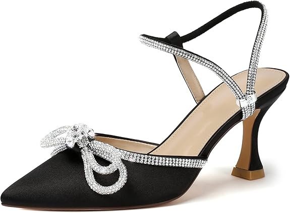 Women's Closed Toe Rhinstone Wedding Low Heel Slingback Clear Kitten Heels,Ajustable Strap Pointed Toe Bow Pumps Haut Talon Chaussures de robe de bal