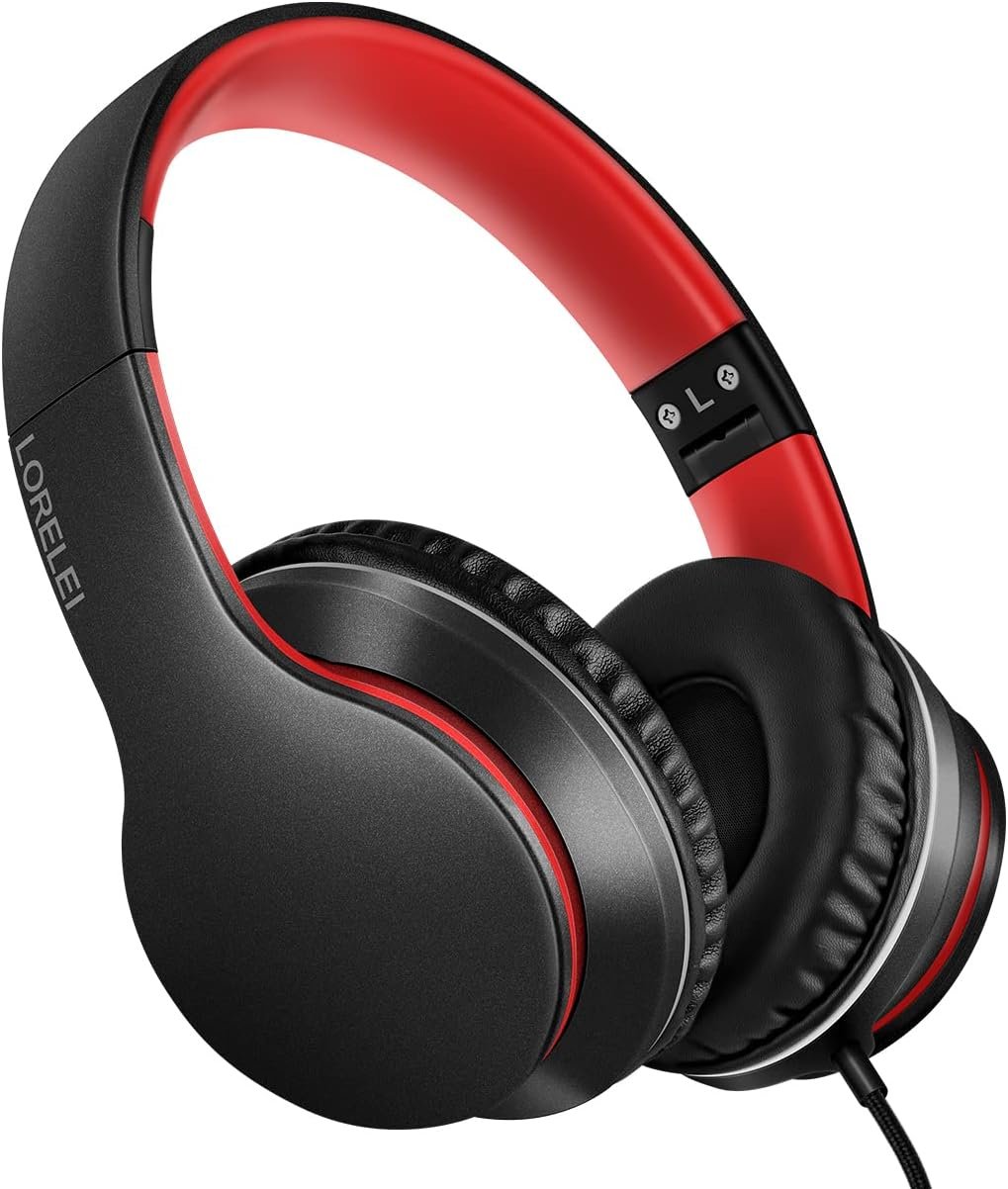 Casque supra-auriculaire filaire avec microphone, léger, pliable et portable avec basses stéréo sans nœuds de 1,45 m pour smartphone, tablette, MP3/4 (noir et rouge)