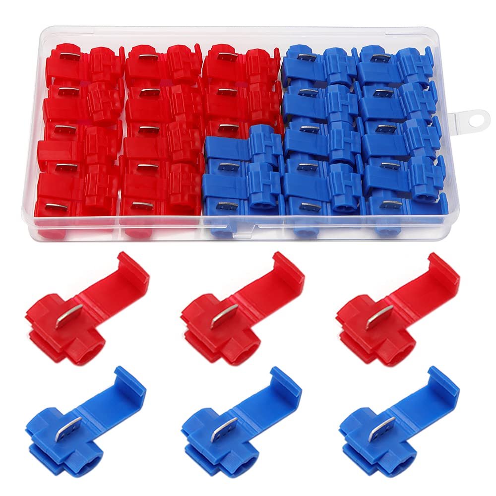 50 Pièces Cosse Electrique Connecteur Rapide, Connecteur Dérivation Auto-Dénudants Rapide, Verrouillage Connecteurs (25 Pièces Rouge, 25 Pièces Bleu)