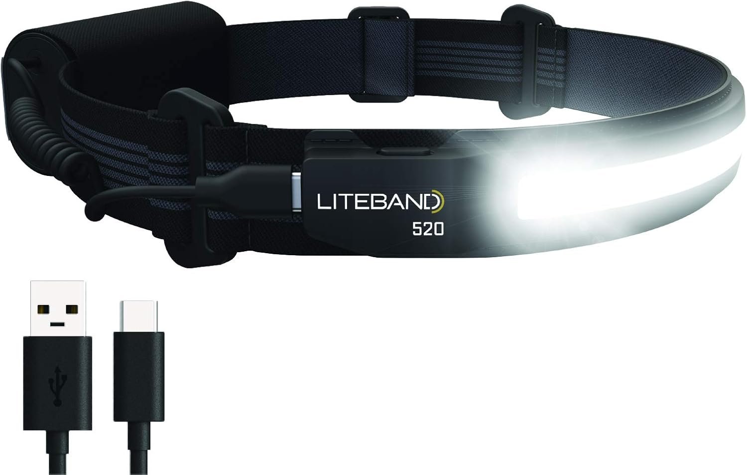 Lampe frontale rechargeable LED, 520 Lumens, Faisceau large 210°, Coupe anti-rebond légère, résistant aux intempéries IPX4, noir