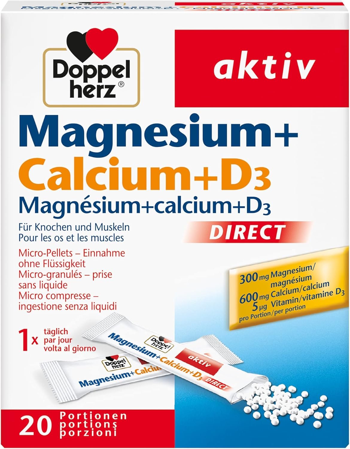 Magnésium + Calcium + D3 Direct – Micro-granulés associant magnésium, calcium et vitamine D3 – Le magnésium soutient une fonction musculaire normale – 20 sachets