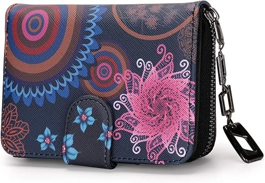 Portefeuille Femme Petit Format Mini Porte Monnaie avec Motif de Fleurs et de Fleurs de Style Mandala et Ethnique Porte Carte avec Fermeture éclair et Bouton Pressions
