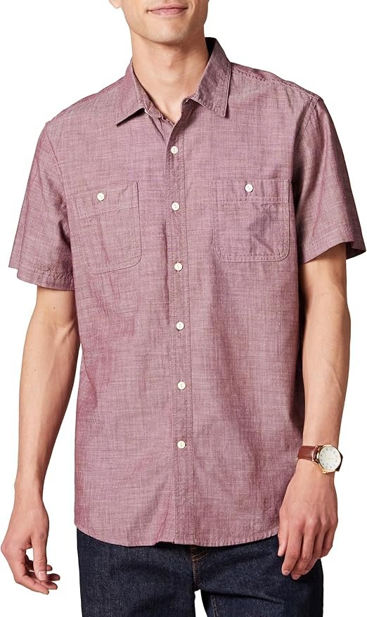 Homme Chemise en Chambray à Manches Courtes et Coupe Classique