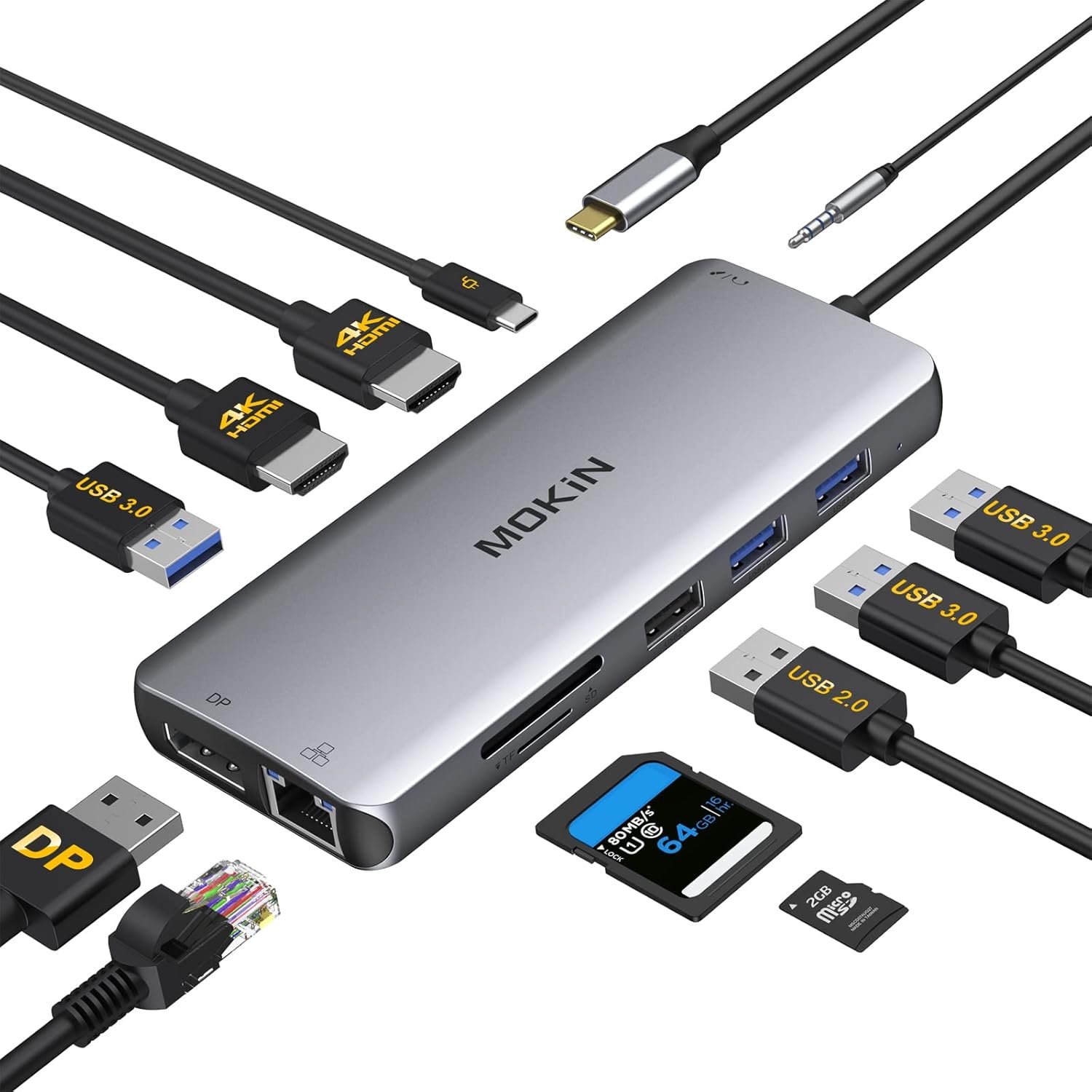 12 en 1 Station d'accueil USB C PC Portable Double Monitor with 2 HDMI, DisplayPort, 100W PD, 4 USB,Gigabit Ethernet,SD/TF,Audio Port,USB C Hub Multiport Adapter for HP/Dell/Lenovo