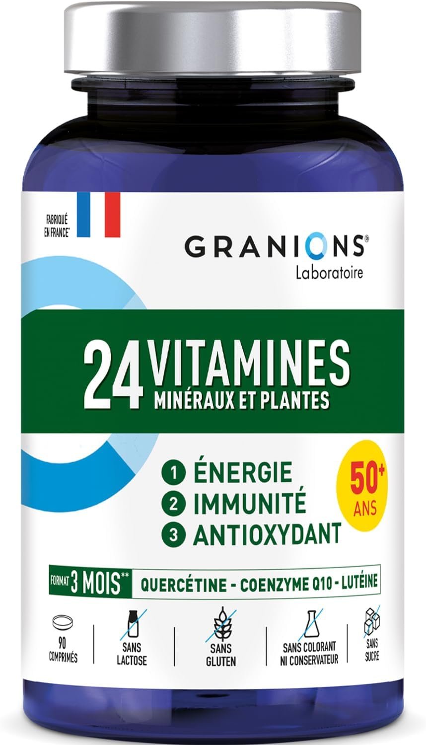 24 VITAMINES - Multivitamines et Minéraux - Magnesium, Zinc, Vitamine C, Selenium, Coenzyme Q10, Luteine - Energie, Immunité - Vitamines Adultes - 90 Comprimés - 3 MOIS - Fabriqué en FRANCE