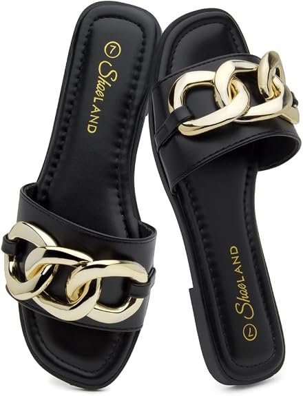 Sandals pour les femmes, Glissières habillées avec chaîne en métal, bande simple à bout ouvert carré, sandales d'été coussinées