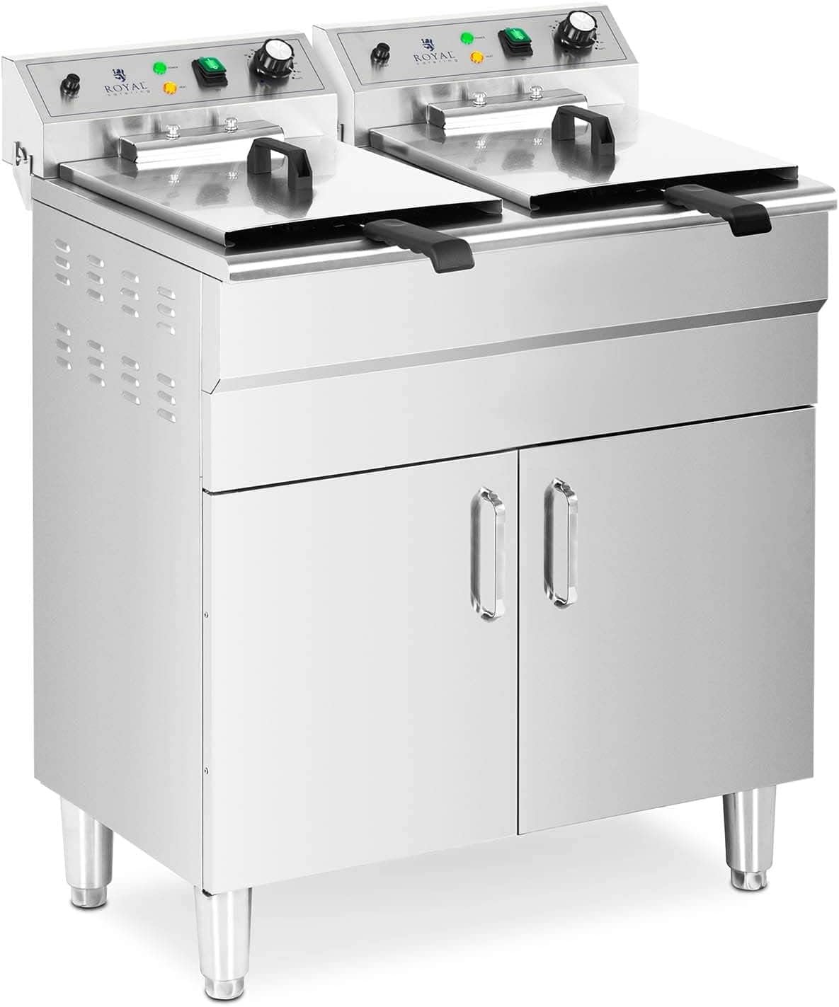 Friteuse Électrique Professionnelle Semi-Professionnelle Avec Robinet De Vidange Sur Pied Armoire Double Bac Triphasée (2 x 16 l, 10 000 W, 60-200 °C, triphasé 400 V)