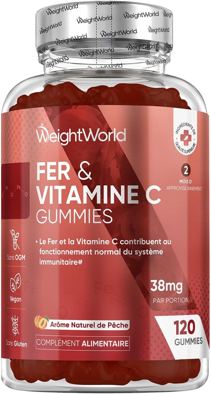 Fer Gummies & Vitamine C - 120 Gommes Vegan (pour 4 Mois) Faibles en Sucre, Gummies Vitamine C (sous forme d'Acide L- Ascorbique) avec Fer, Goût Naturel de Pêche, sans OGM, sans Gluten