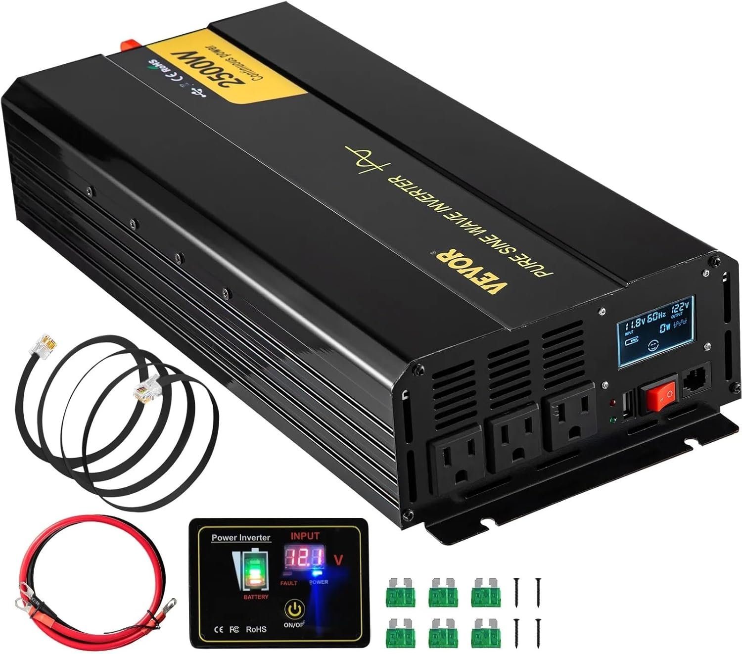 VEVOR 2500W Pure Sine Wave Inverter, 12V DC to 120V AC Car Inverter, 3 AC Outlets, USB Port, LCD Display, Remote Controller, Black, for RV Truck Car Solar System Travel Camping