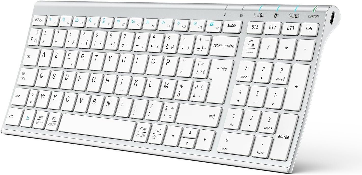 Clavier Bluetooth, Clavier sans Fil Rechargeable Connecter 1 à 3 appareils AZERTY Mac iPad air Pro Tablette Ordinateur PC iPhone iOS Android Windows Ultra-Mince