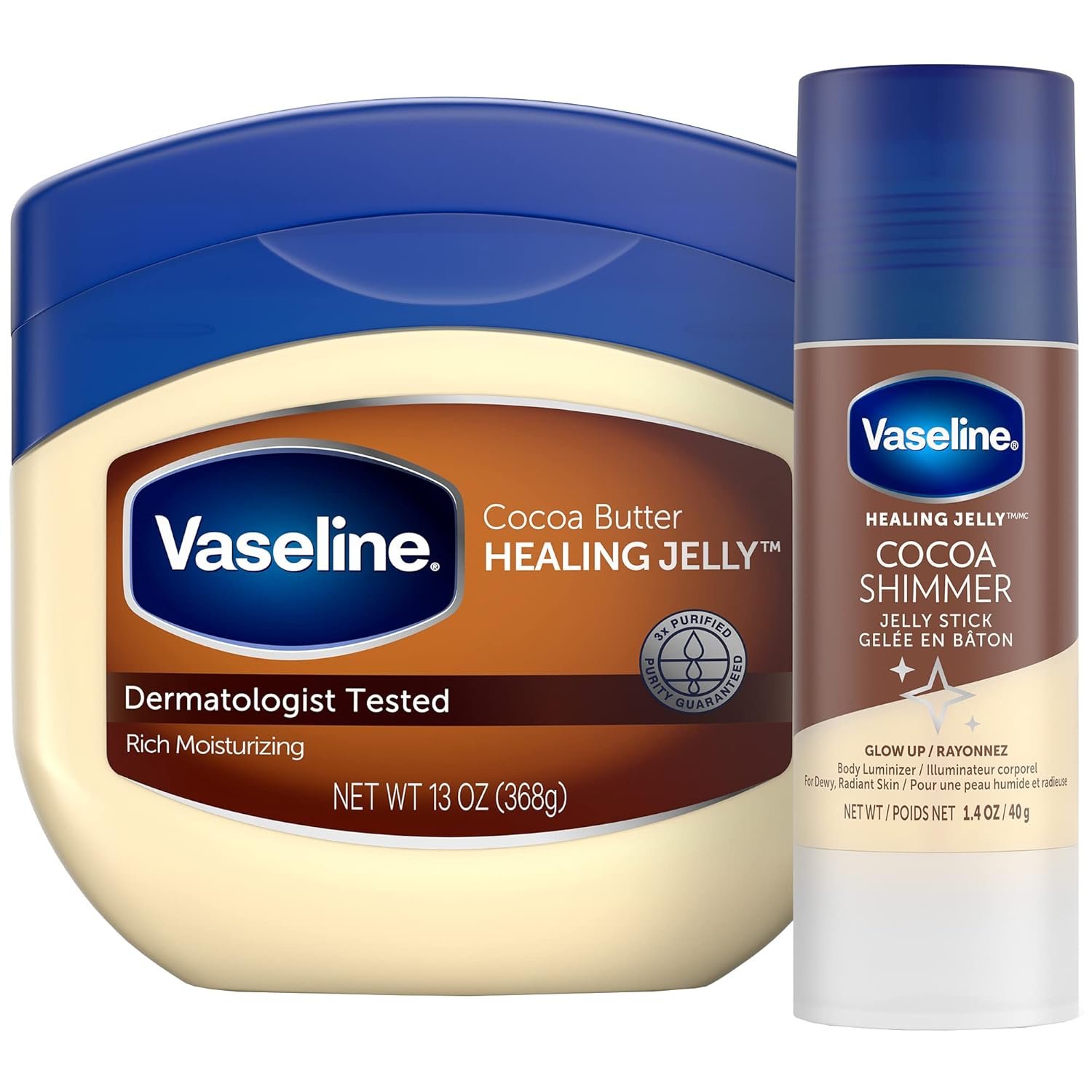 Vaseline Riche en Vaseline Mousse Hydratante Guérisseuse Bénéficiante de Beurre de Cacao, 13 oz Accompagné d’un bâton de cacao scintillant, 1,4 oz
