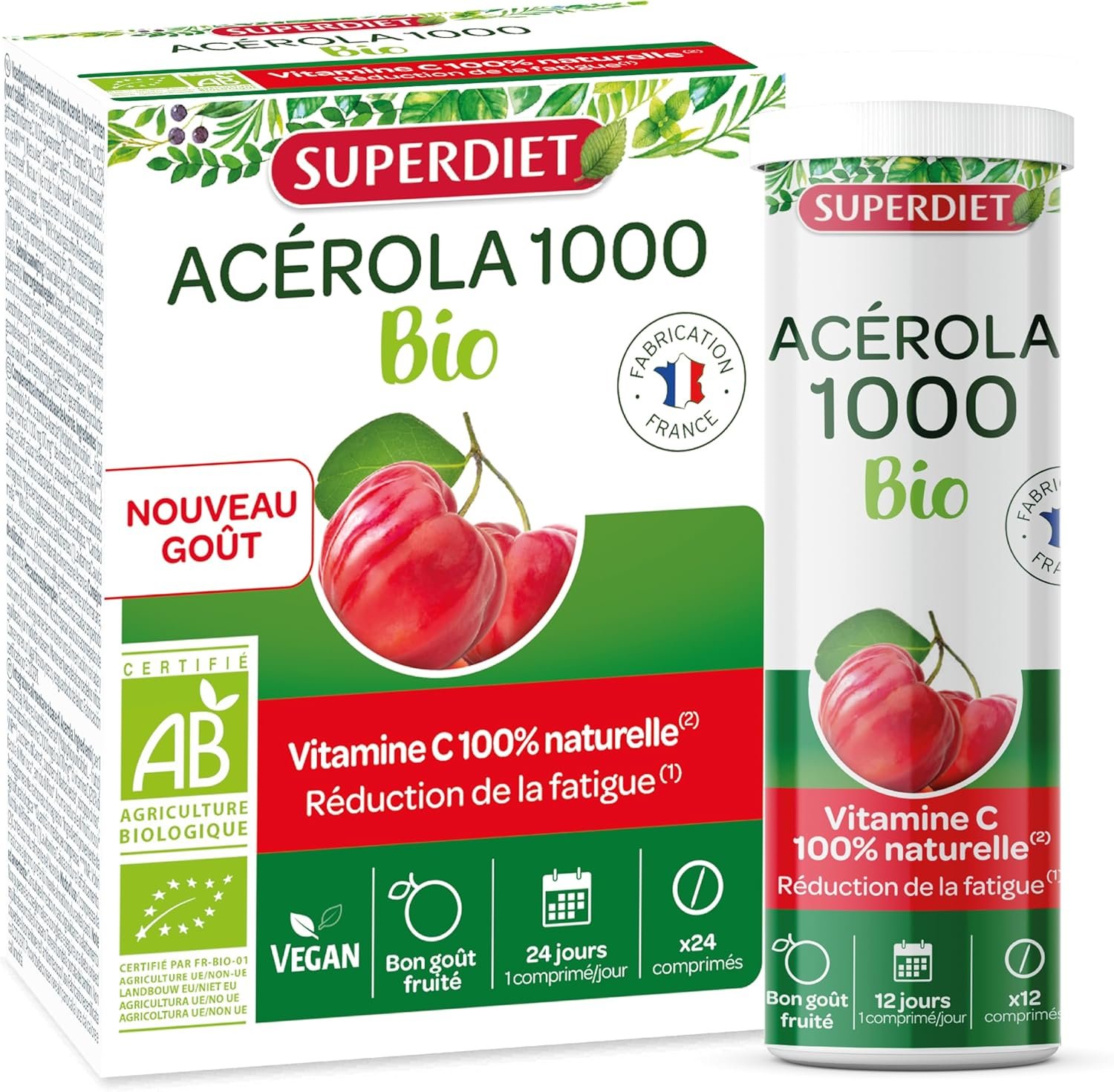 ACÉROLA 1000 BIO - Haute concentration en Vitamine C-Réduction de la fatigue-Fabrication Française-24 comprimés à croquer