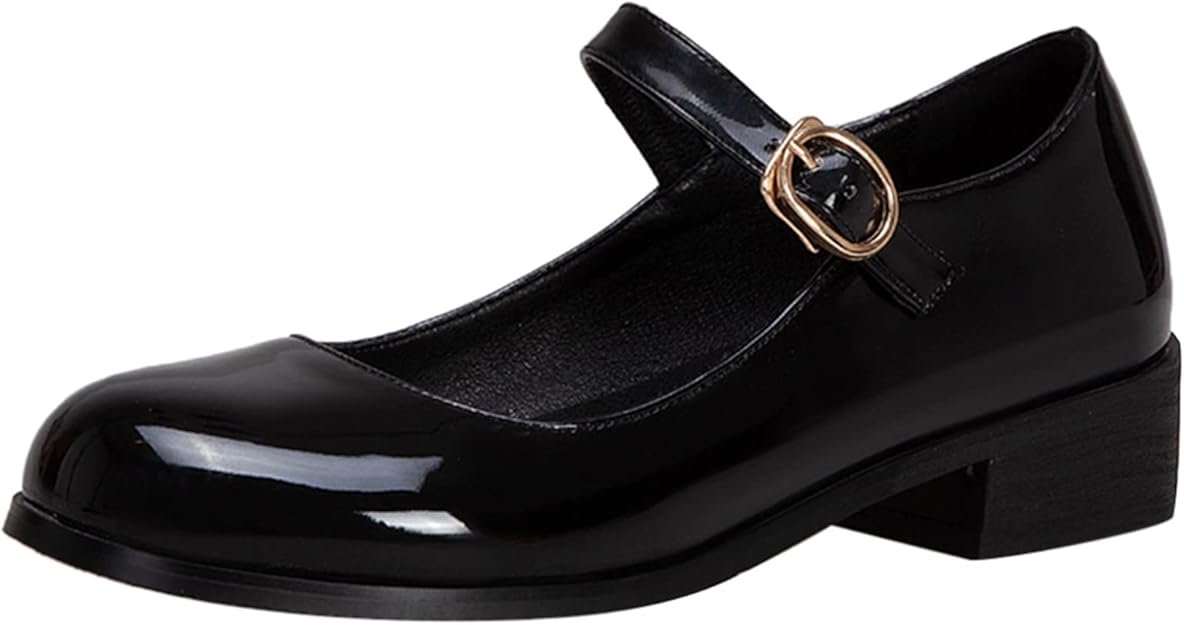 Escarpins Femme Talon Carré Moyen Bout Rond Bride Cheville Classique Vernis