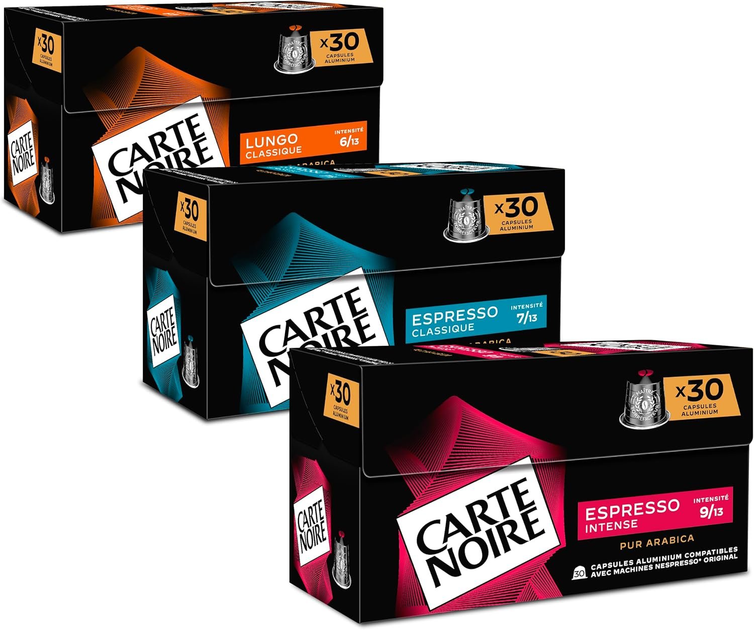 Assortiment Café Capsules - Compatible Nespresso® N°6 Lungo / N°7 Classique / N°9 Intense - Intensité 6-7-9/13 - Cafés 100% Arabica - 3 x 10 Capsules Aluminium