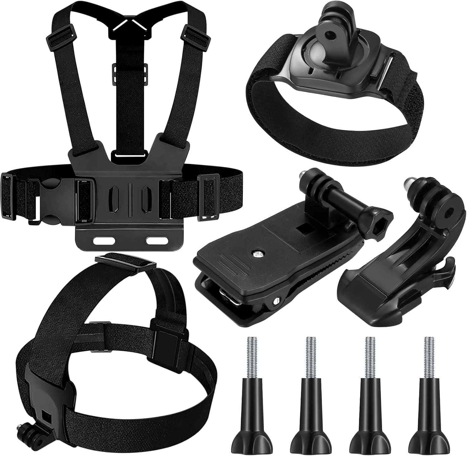 GoPro 9-en-1 Accessoires Kit, Harnais de Poitrine, Fixation Harnais Tete Bandeau, Fixation Poignet Clip Sac à Dos, Compatible avec Gopro Hero 9 8 7 6 5, SJCAM, Insta360